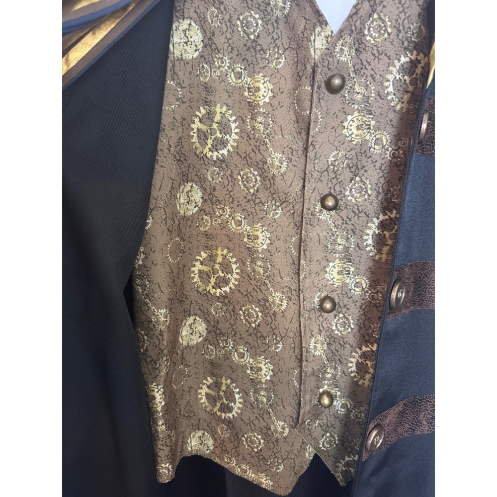 Steampunk Victorian Mens Costume Long Coat Vest Cravat Gear Details Black Gold - Picture 6 of 15